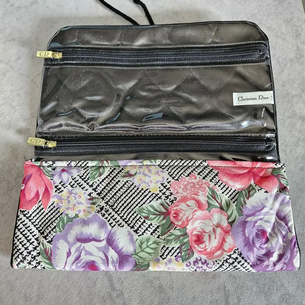 Christian Dior Pink Purple Floral Roll Up Cosmetic Bag Travel Organizer 9.5x5in